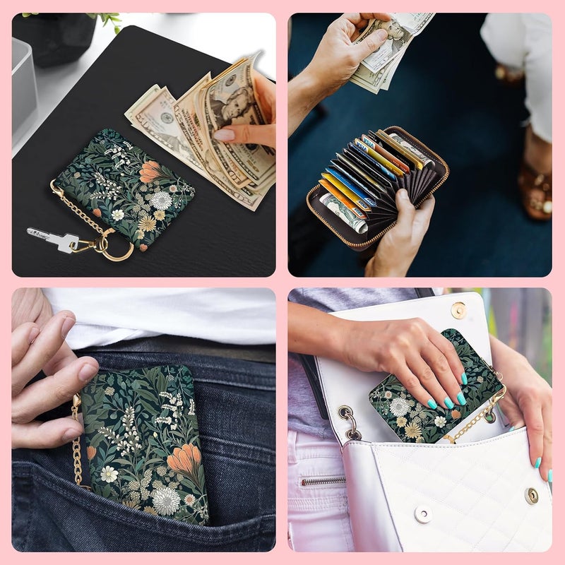 Blusabaca Weeds Flower Floral Plants Wildflowers Credit Card Holder for Women, Small RFID Blocking Wallet with Zipper, Card Keychain Wallet, PU Leather Card Case, Accordion Aesthetic Wallet Gift - Image 3
